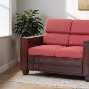 Ishwar Interior Mourya Sheesham Wooden Two-Seater Sofa with Red Cushions