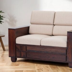 Ishwar Interior Mourya Sheesham Sofa: Two Seater with Beige Cushions