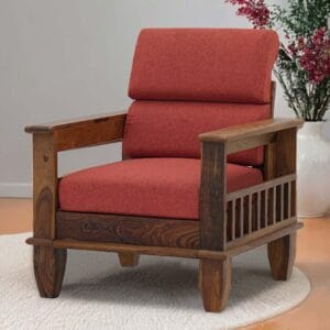 Ishwar Interior Chola Sheesham Wood Single Seater Sofa with Red Cushion