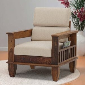 Ishwar Interior Chola Sheesham Wood Single Seater Sofa with Beige Cushion