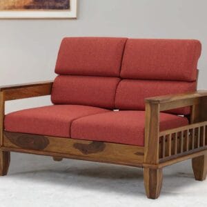Ishwar Interior Sheesham Wood Two-Seater Sofa with Red Foam Cushions