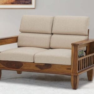 Ishwar Interior Chola Two-Seater Sofa in Sheesham Wood with Beige Cushions