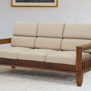 Ishwar Interior Chola Sheesham Wood Three-Seater Sofa with Beige Cushions