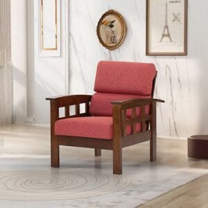 Ishwar Interior Sepang Wooden Sofa 1S with Stylish Red Cushion