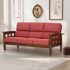 Ishwar Interior Sepang 3-Seater Wooden Sofa with Red Cushions